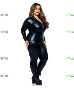 Catsuit zipper vooraan wetlook zwart