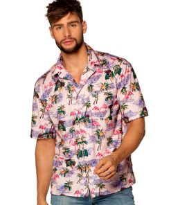 Hawaii shirt roze met flamingos M