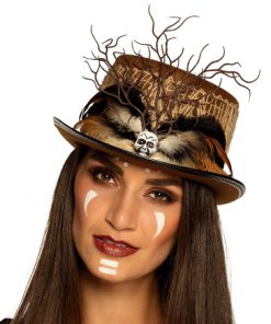 Voodoo hoge hoed bruin met schedel en pluimen