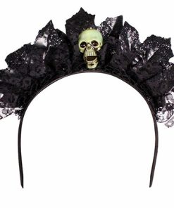 Diadeem duister bloemblaadjes en schedel glitter zwart