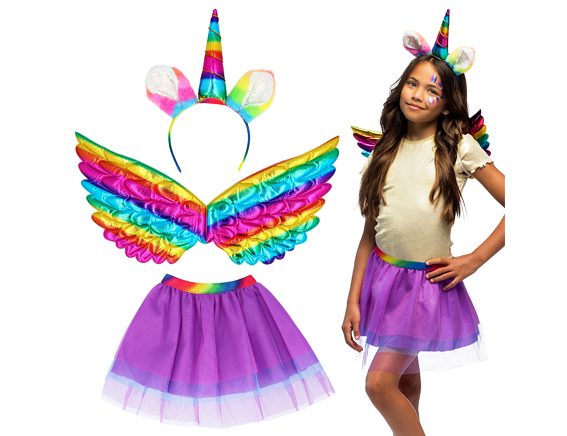eenhoorn set tutu vleugels en diadeem regenboog