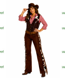 Cowgirl met broek bruin rood hemd