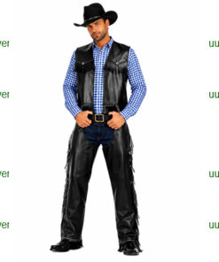 Cowboy zwarte vest en chaps met blauw geruit hemd