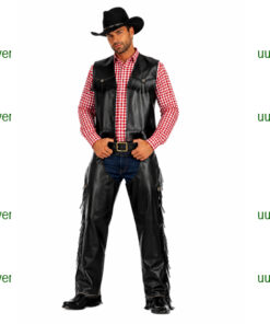 Cowboy zwarte vest en chaps met rood geruit hemd