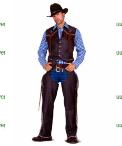 Cowboy bruine vest en chaps met blauw geruit hemd