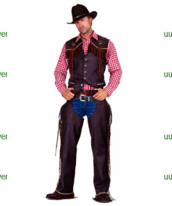 Cowboy bruine vest en chaps met rood geruit hemd